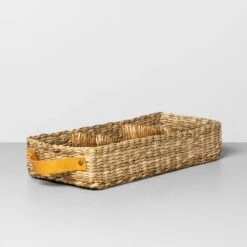 3 Compartment Woven Tank Tray With Leather Handles Beige - Hearth & Hand™ With Magnolia